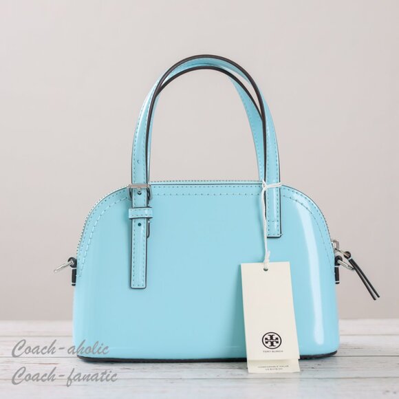 NWT Tory Burch Emerson Patent Leather Dome Satchel Crossbody in Light Celeste - Picture 6 of 11